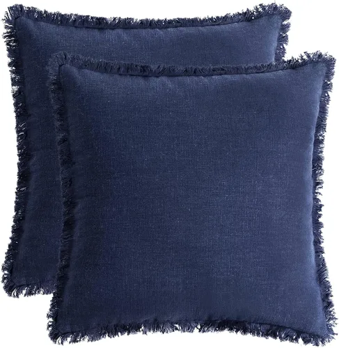 Vista 20 de Paquete de 2 fundas de almohada de lino con borlas con flecos decorativas rústicas naturales para cojín de sofá, sofá, dormitorio 16 x 16 pulgadas