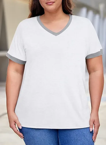Vista 4 de Eytino Blusas de talla grande para mujer, cuello en V, manga corta, a rayas, casual, holgada, con bolsillo (1X-5X)