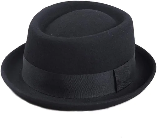 Vista 4 de F FADVES Sombrero de pastel de cerdo 100 fieltro de lana para hombre sombrero de cerdo que rompe malo parte superior plana para hombre Fedora Negro
