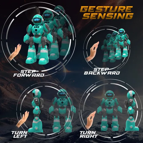 Vista 5 de STEMTRON - Juguetes de robots para niños, robot programable de control remoto con función de grabación de voz mágica, detección inteligente de Azul