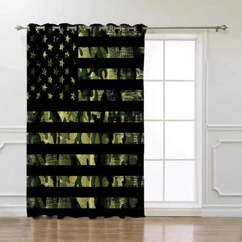 Vista 2 de Cortinas opacas con diseño militar de camuflaje verde rústico, con bandera estadounidense, cortinas opacas con aislamiento térmico para ventana, 1