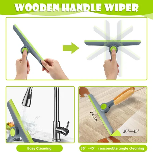 Vista 4 de Escobilla de ducha para puertas de vidrio, escobilla de goma para ventana de automóvil con mango y gancho de madera, escobilla para puerta de vidrio