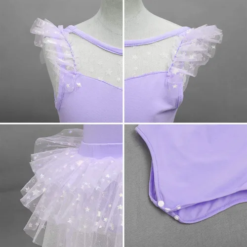 Vista 5 de IDOPIP Leotardo con falda tutú de estrellas con purpurina para niñas, manga con volantes, vestido de ballet para bailarina, traje de gimnasia