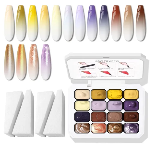 Vista 9 de Esponjas Pat Paleta de Esmalte de Uñas en Gel, 16 Colores Mezclado Degradado Ombré Esmalte en Gel Dando Toques Pintura Degradada Arte de Uñas, Sin