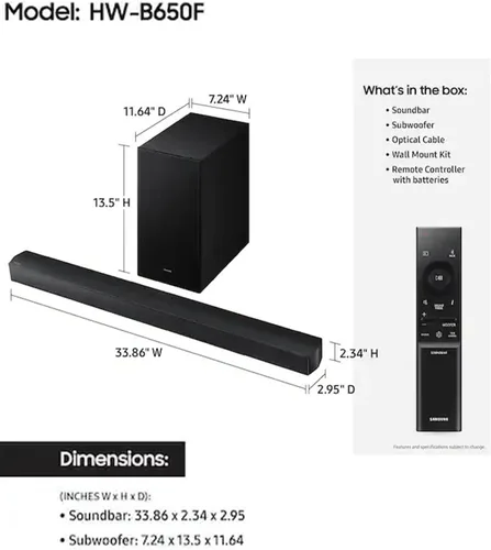 Vista 3 de Samsung Barra de sonido de la serie B, subwoofer HW-B650F de 3.1 canales, con subwoofer inalámbrico, Dolby Audio/DTS Virtual:X, Q-Symphony, HDMI ARC