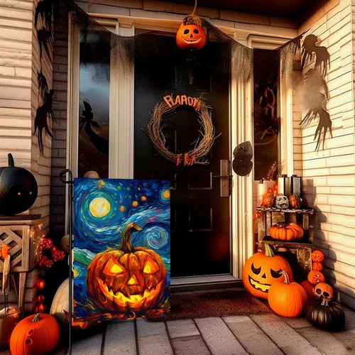 Vista 3 de Bandera de jardín de Halloween, bandera de jardín de calabaza Van Gogh, banderas de jardín, artes, cielo nocturno estrellado, luna, bandera