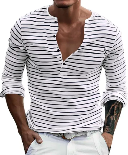 Vista 9 de Mens Henley Shirts Long Sleeve Regular Fit Cotton Casual Summer Striped T Shirts Fashion Basic Fitted Athletic Work Tshirts