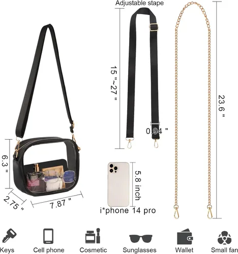 Vista 3 de Bolsa transparente aprobada para estadios, bolsa transparente para conciertos, monederos transparentes para mujer, bolsa cruzada con dos correas