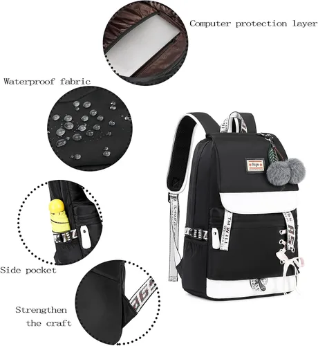 Vista 5 de Mochila Asge escolar, informal, para libros, de uso diario, para niña, negro 2), ASGE-BB-03
