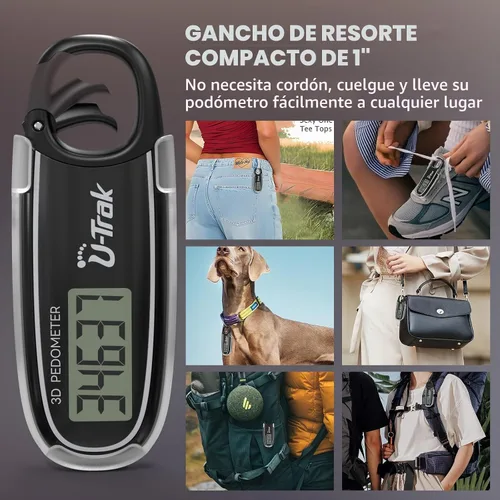 Vista 5 de U-Trak3D Pedometer for Walking with Removable Clip and Carabiner Simple Step Counter for Walking Accurate Clip On Step Tracker for Men Women Kids