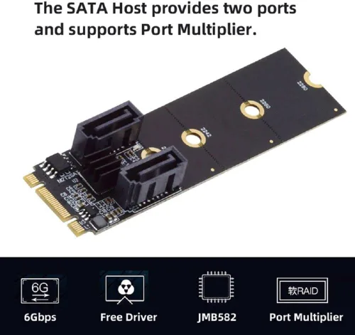 Vista 3 de Cablecc PCI Express NGFF Key B+M a SATA 3.0 6Gbps Dual Puertos Adaptador Vertical Convertidor Disco Duro Tarjeta de Extensión JMB582 2230 2242 2260