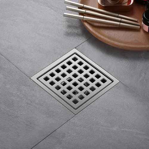 Vista 7 de Desagüe de ducha, desagüe de piso cuadrado cromado de 4 pulgadas con brida, panel de rejilla extraíble plateado de acero inoxidable SUS 304, desagüe