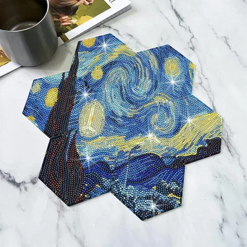 Vista 2 de Posavasos de arte de diamante Van Gogh Starry Night, 7 posavasos hexagonales con soporte, pequeños kits de pintura de diamantes para adultos