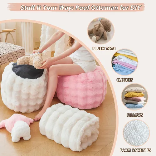 Vista 4 de LIFEREVO Puf inflable redondo de piel de conejo sintética, otomano, 20 x 16 pulgadas, con burbujas de gofre, mullido, reposapiés para adultos, niños