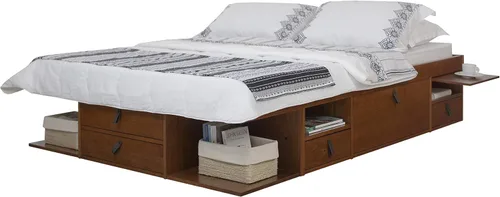 Vista 23 de Memomad Bali Set: Plataforma de almacenamiento con cajones + Cabecera con estantería (Tamaño individual, madera color marrón caramelo)