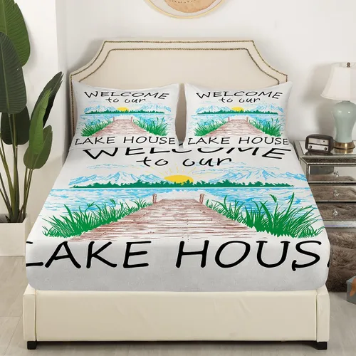 Vista 3 de Lake House Sábanas bajeras tamaño individual, sábana dibujada a mano con paisaje de lago y montaña para niños, niñas, niños y adultos, decoración
