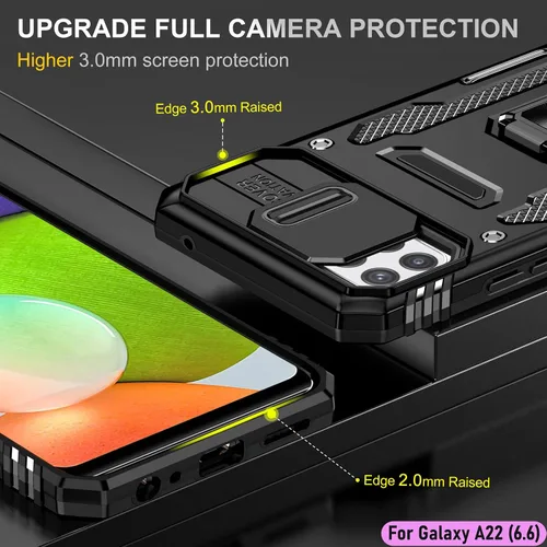 Vista 6 de Funda resistente para Samsung Galaxy A22 (5G), protector híbrido de goma de doble capa de grado militar con protector de cámara deslizante, soporte