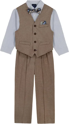 Vista 8 de Nautica Conjunto de traje formal de 4 piezas para niños con chaleco, pantalones, camisa de vestir con cuello y corbata Lino Azul