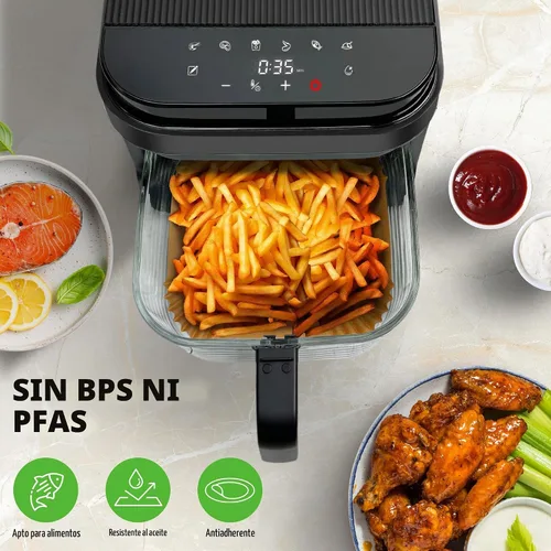 Vista 5 de NutriChef 50 forros de papel para freidora de aire, revestimiento cuadrado desechable para pergamino, antiadherente, resistente al aceite y al agua