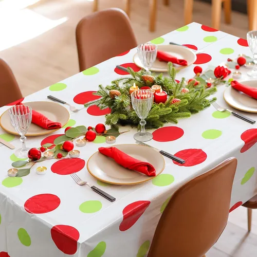 Vista 4 de Hosuly Rollo de mantel de Navidad de 100 pies x 40 pulgadas con lunares rojo y verde, mantel rectangular desechable de plástico para invierno