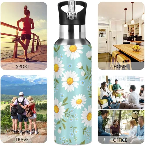 Vista 5 de Daisies - Botella de agua de acero inoxidable aislada al vacío con diseño de flores amarillas y azules, botella de agua deportiva de 32 onzas sin