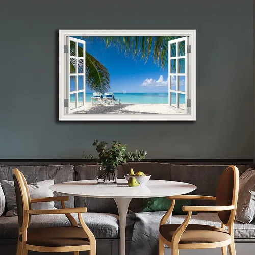 Vista 4 de Cuadro de pared de playa tropical para sala de estar, lienzo estilo marco de ventana, decoración de pared, palmera, impresión artística costera