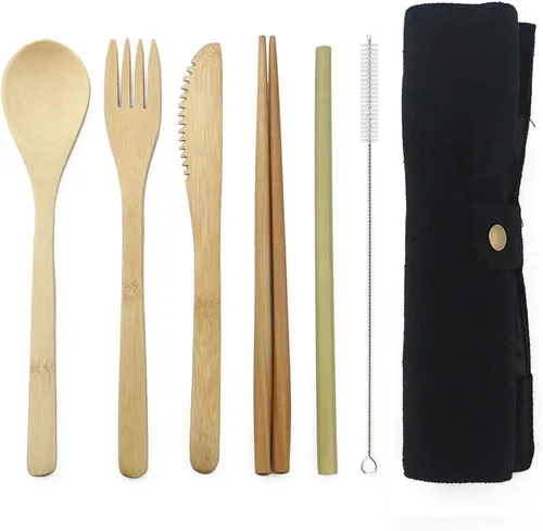 Vista 8 de JASHII Juego de cubiertos de bambú para viaje, incluye cuchillo reutilizable, tenedor, cuchara, palillos, popotes y cepillo (beige)