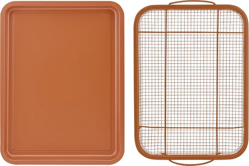Vista 2 de Baking with G&S - Cesta antiadherente para verduras con bandeja para hornear, cobre, juego de 2 piezas, duradera y fácil de usar