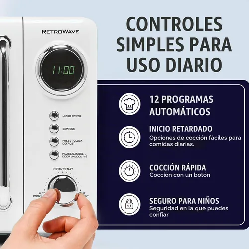 Vista 3 de Nostalgia Horno microondas compacto retro para encimera, 0.7 pies cúbicos, 700 vatios con pantalla digital LED, bloqueo para niños, interior fácil