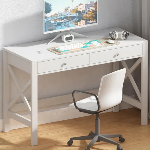 Vista 14 de ChooChoo Escritorio de Oficina en Casa Mesa de Escritura Mesa de Computadora Diseño Moderno Escritorio Negro con Cajones, Mesa de Tocador