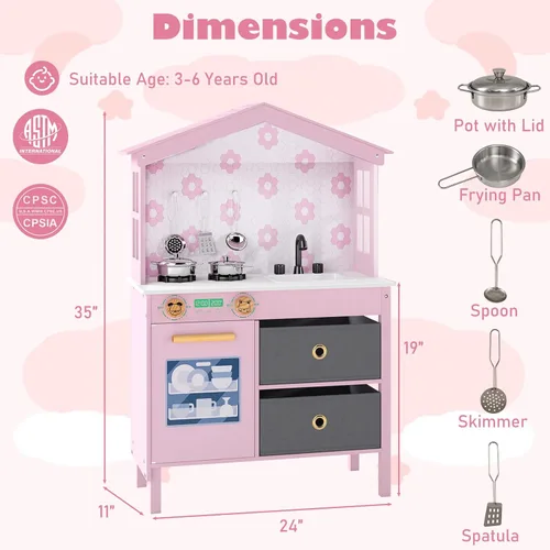 Vista 7 de Costzon Cocina de Juguete para Niños, Juguete de Cocina Montessori Little Chef con 2 Estufas, Perillas Giratorias, Grifo, Fregadero, Lavavajillas, 2