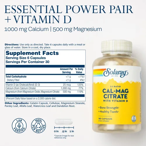 Vista 2 de SOLARAY Proporción 2:1 de citrato de calcio y magnesio con vitamina D-3, huesos sanos, apoyo muscular y sistema nervioso, alta absorción, 180