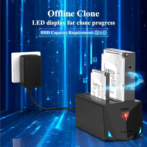 Vista 3 de FIDECO Estación de acoplamiento USB 3.2 Gen 1 a disco duro, base de disco duro para 2.5 o 3.5 pulgadas SATA I/II/III HDD SSD con duplicador de disco