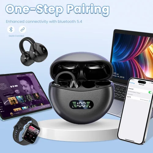 Vista 7 de Auriculares inalámbricos Bluetooth 5.4 con clip, con micrófono, reproducción de 60 horas, cancelación de ruido, impermeables, deportivos, cómodos