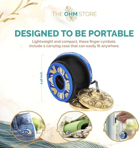 Vista 6 de Ohm Store Campanas tibetanas de mantra tingsha con estuche azul, accesorio de meditación hecho a mano para atención plena, yoga y sanación de sonido