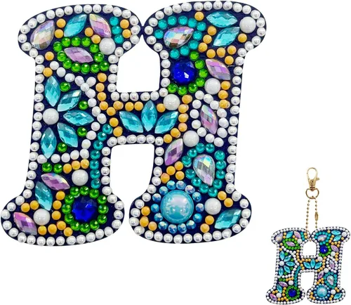 Vista 11 de YOYA Llavero de pintura de diamante de doble cara 5D, taladro completo A-Z, 26 letras de la A a la Z, kit de llaveros de arte de diamantes con gemas