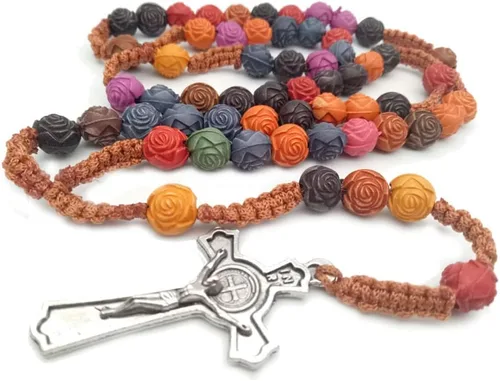 Vista 8 de Cruz de pared de crucifijo, cruz católica hecha a mano con cuentas de rosario, bautismo, oración religiosa, collar de cruz, colgante pectoral