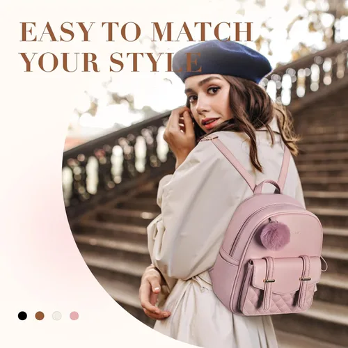 Vista 4 de Missnine Mini mochila para mujer, bonita mochila pequeña con pompón, de piel sintética, mochila pequeña casual para mujer, rosado (2-Pink)