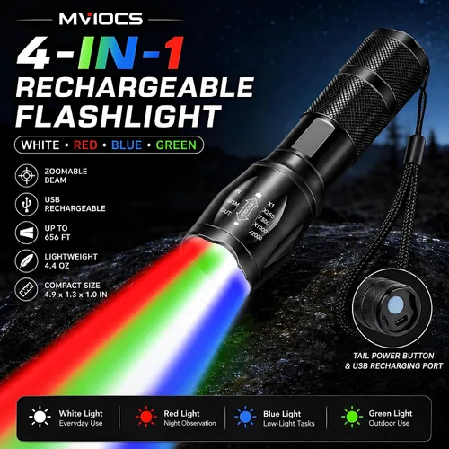 Vista 2 de Linterna recargable roja 4 en 1, linterna LED multicolor (blanco/rojo/azul/verde) con 4 modos, linterna con zoom de alto lúmenes para camping