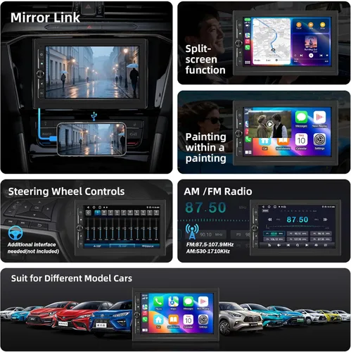 Vista 4 de Haudio Estéreo de auto de doble DIN de 7 pulgadas con Apple CarPlay/Android Auto, pantalla táctil HD con 2+32 GB, enlace espejo, cámara de respaldo