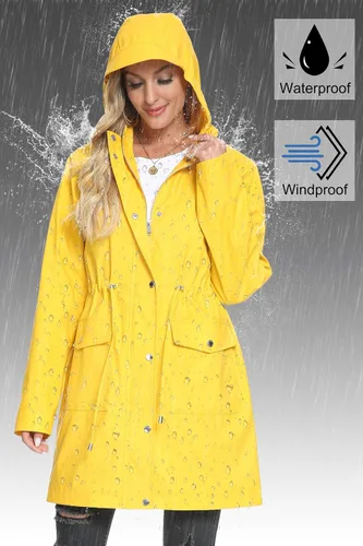 Vista 2 de Fahsyee Chubasquero para mujer, chaqueta impermeable con capucha, rompevientos para exteriores, larga actividad