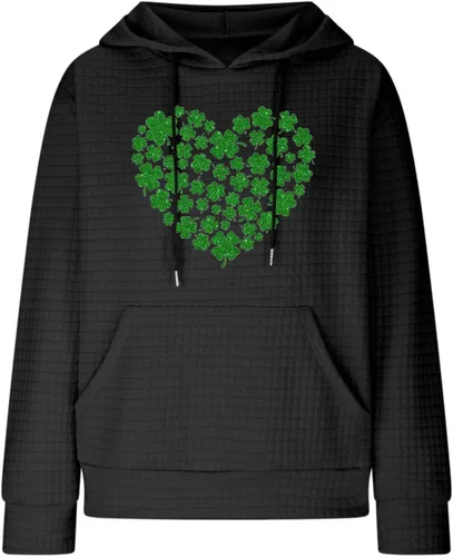 Vista 4 de Women's St Patrick's Day Hoodie Oversized Irish Shamrocks Heart Graphic Printed Long Sleeve Sweatshirts