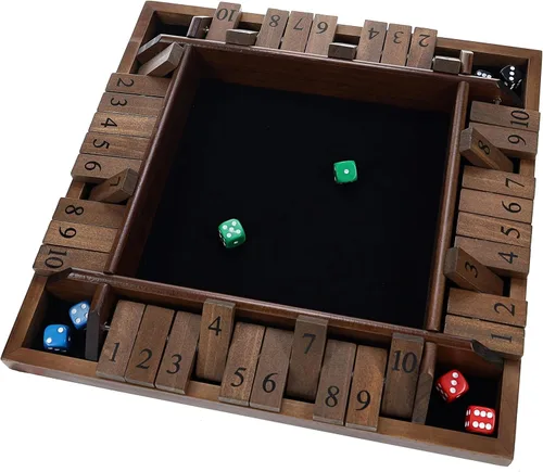 Vista 11 de WE Games Juego de mesa Shut The Box de madera para 4 jugadores - 10 fichas con números y 8 dados - Madera teñida negra de gran tamaño, acabado de 14