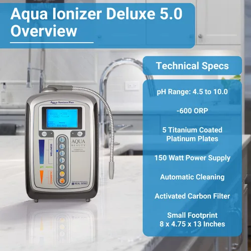 Vista 8 de Aqua Ionizer Deluxe 5.0 Ionizador de agua 7 ajustes de agua Sistema de filtración de agua alcalina para el hogar Produce agua alcalina pH