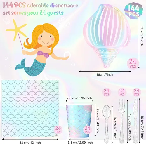 Vista 2 de 144 piezas de suministros para fiesta de sirenas, decoraciones temáticas de sirenas, juego de vajilla para fiesta bajo el mar, incluye platos