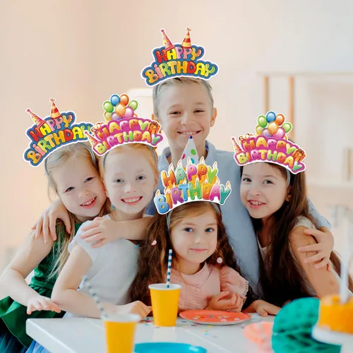 Vista 7 de KKBES Diademas de feliz cumpleaños, sombreros de papel para fiesta de cumpleaños, 3 patrones para niños y adultos que celebran cumpleaños