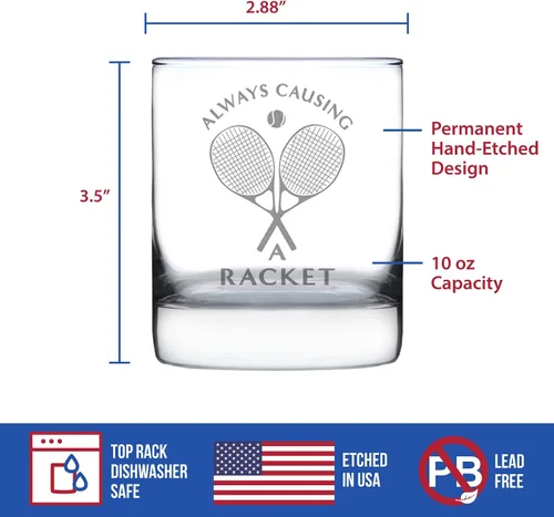 Vista 4 de Custom Causing A Racket – Vidrio de rocas de whisky personalizado – Decoración divertida temática de tenis y regalos – Vasos de 10.25 onzas