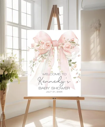 Vista 14 de Personalized Welcome Sign Baby Shower, Pink Bow Floral Baby Shower Welcome Sign: Editable, 12" X 18" (Small), 27" (Medium), 36" (Large), Plastic