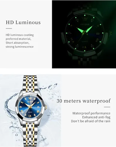 Vista 3 de OLEVS Reloj de pulsera de acero inoxidable con diamantes dorados y elegantes