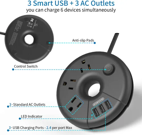 Vista 2 de NTONPOWER - Paquete de tira de alimentación de cable de extensión larga, regleta de enchufe plano de 25 pies con 3 tomas, 3 puertos USB, regleta